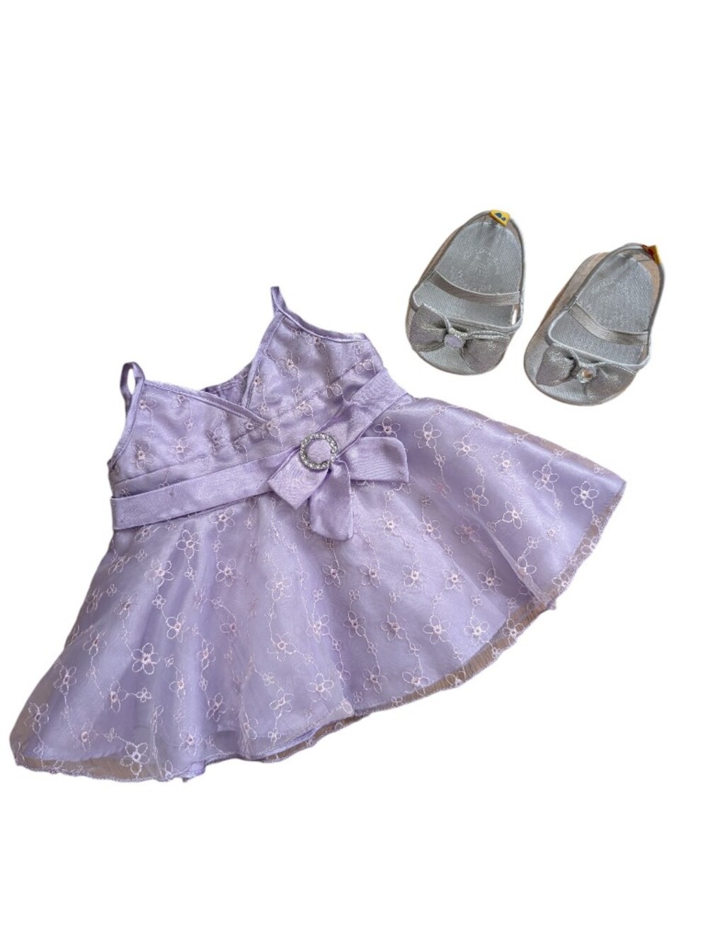 Build-a-Bear Lavender Floral Lace Party Dress & Silver High Heels